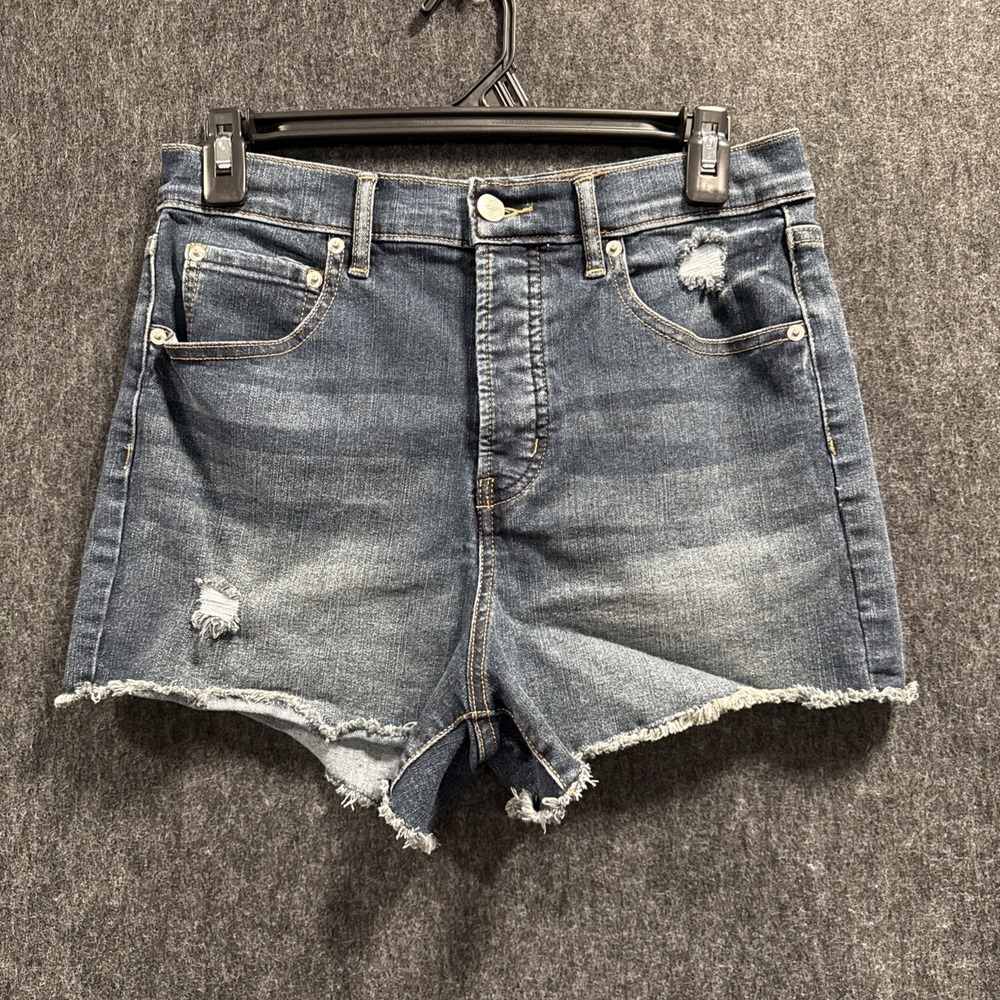 Jessica Simpson High Waist Distressed Denim Short Sz 8/29 Frayed Hem Button Fly‎